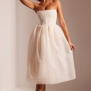 OH POLLY Embellished Corset Tulle Skirt Midi Dress in Ivory
